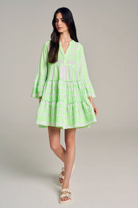 Ella Long Sleeves Short Dress - Green/White