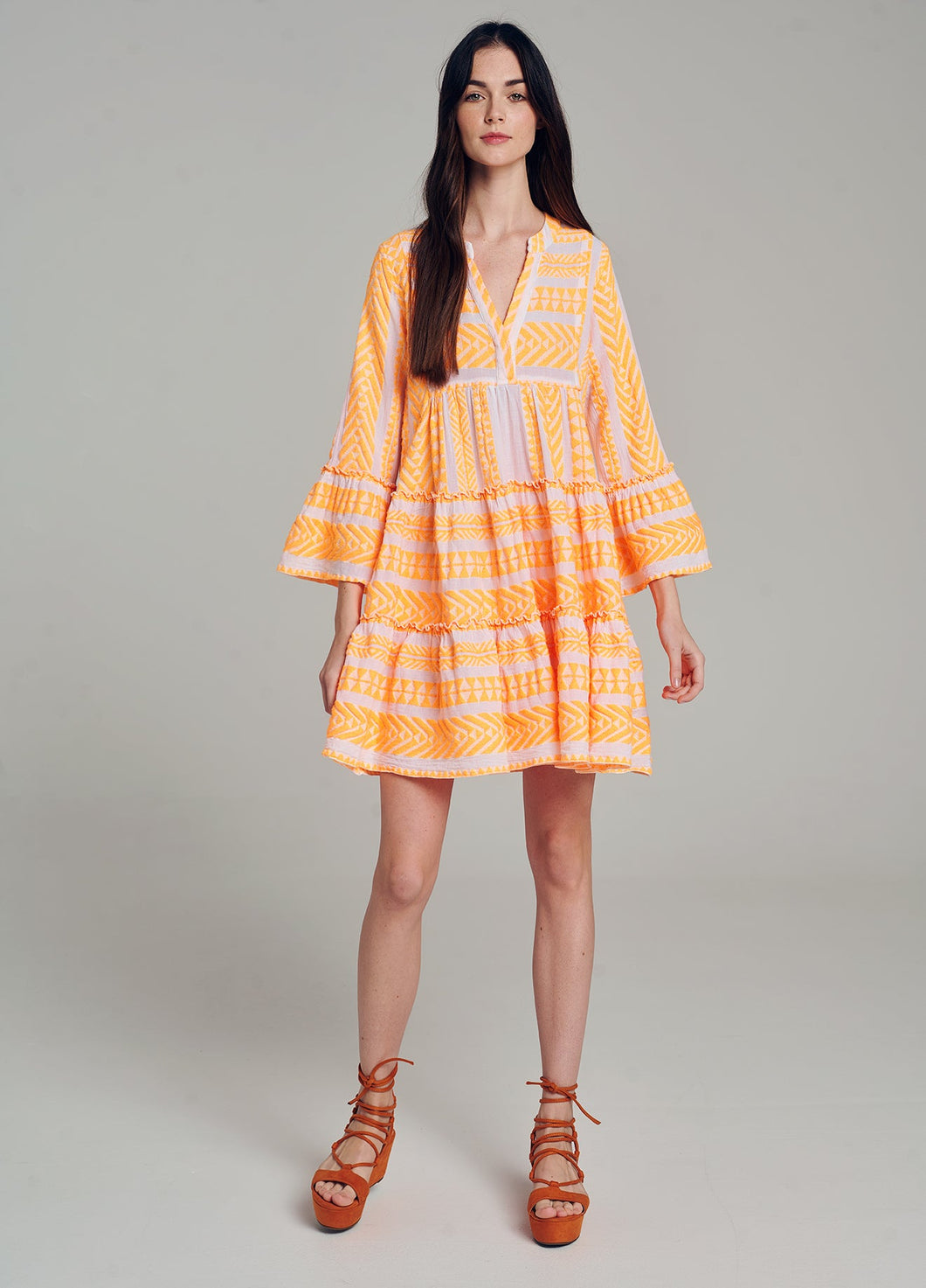 Ella Long Sleeves Short Dress - Orange/White
