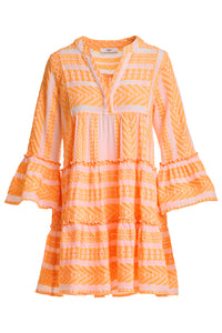 Ella Long Sleeves Short Dress - Orange/White
