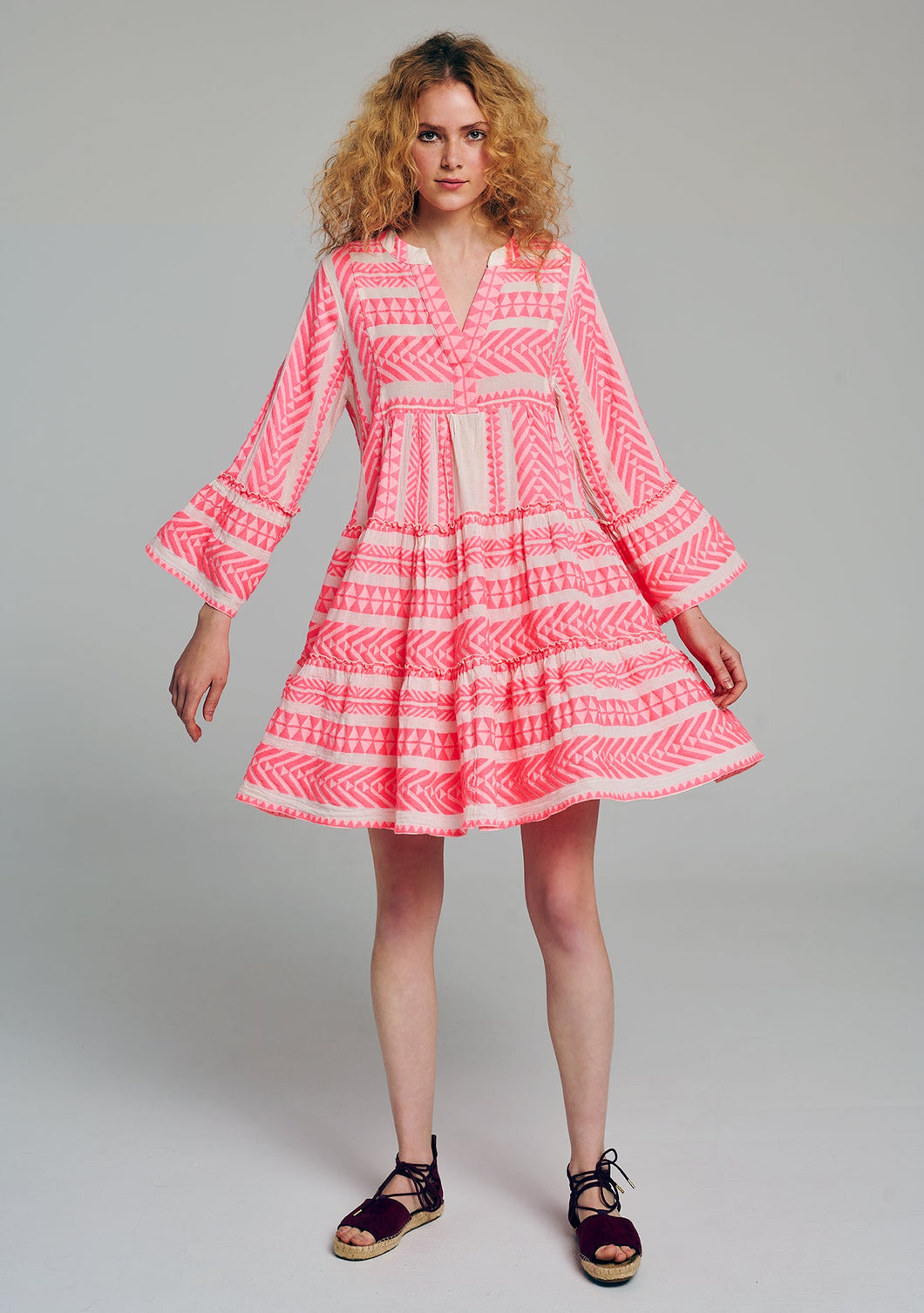 Ella Long Sleeves Short Dress - Pink/White