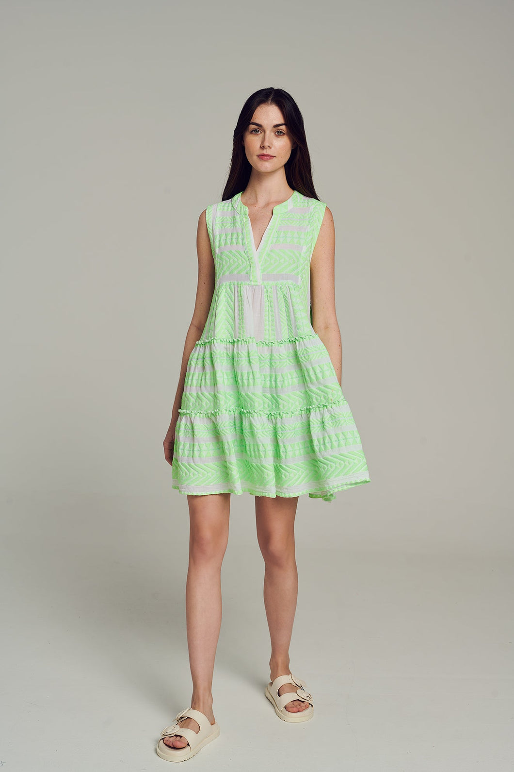 Ella Sleeveless Short Dress - Green/White