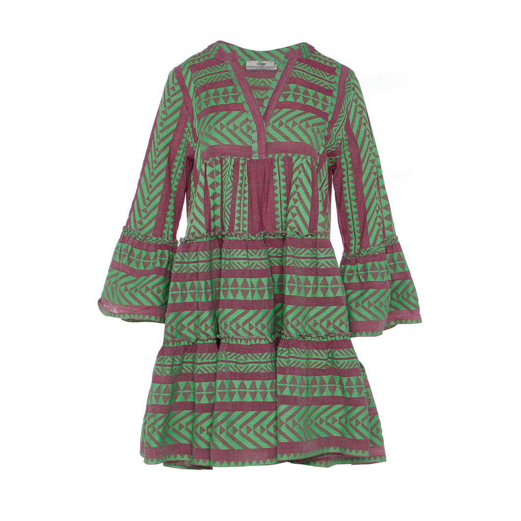 Ella Long Sleeves Short Dress - Green/Fushia GRFUR144