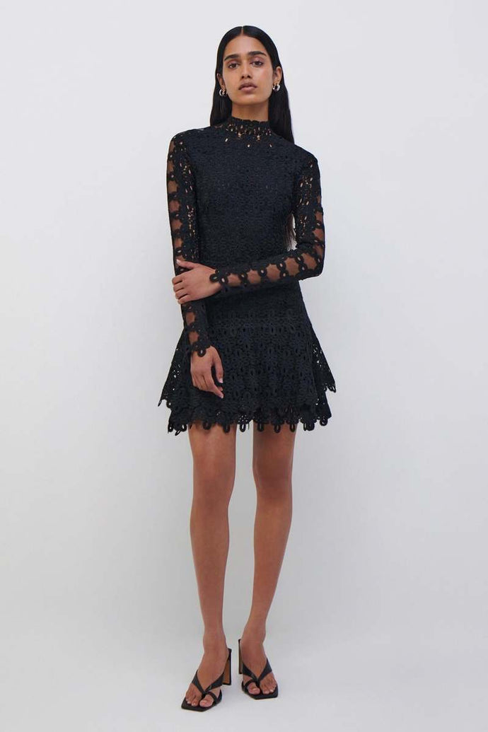 Joy Guipure Lace LS Mini Dress - Black