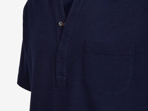 Fish Tail Short Cotton Piqué Short Sleeve Henley Shirt - Navy Blue