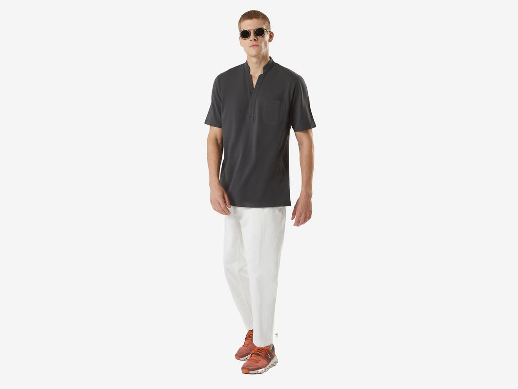 Fish Tail Short Cotton Piqué Short Sleeve Henley Shirt - Graphite