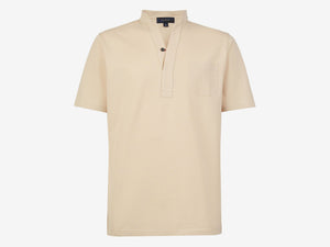 Fish Tail Short Cotton Piqué Short Sleeve Henley Shirt - Beige