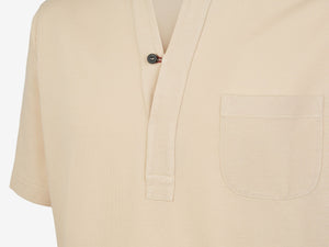 Fish Tail Short Cotton Piqué Short Sleeve Henley Shirt - Beige