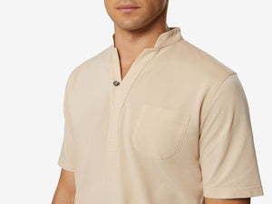 Fish Tail Short Cotton Piqué Short Sleeve Henley Shirt - Beige