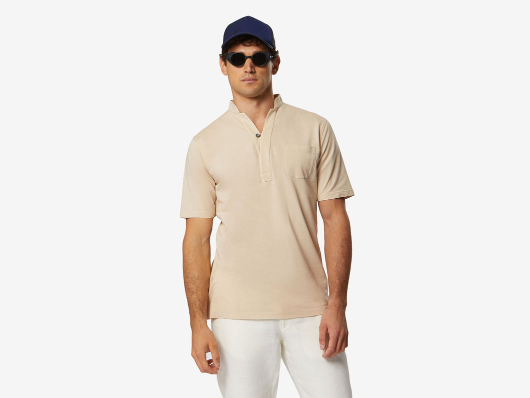 Fish Tail Short Cotton Piqué Short Sleeve Henley Shirt - Beige