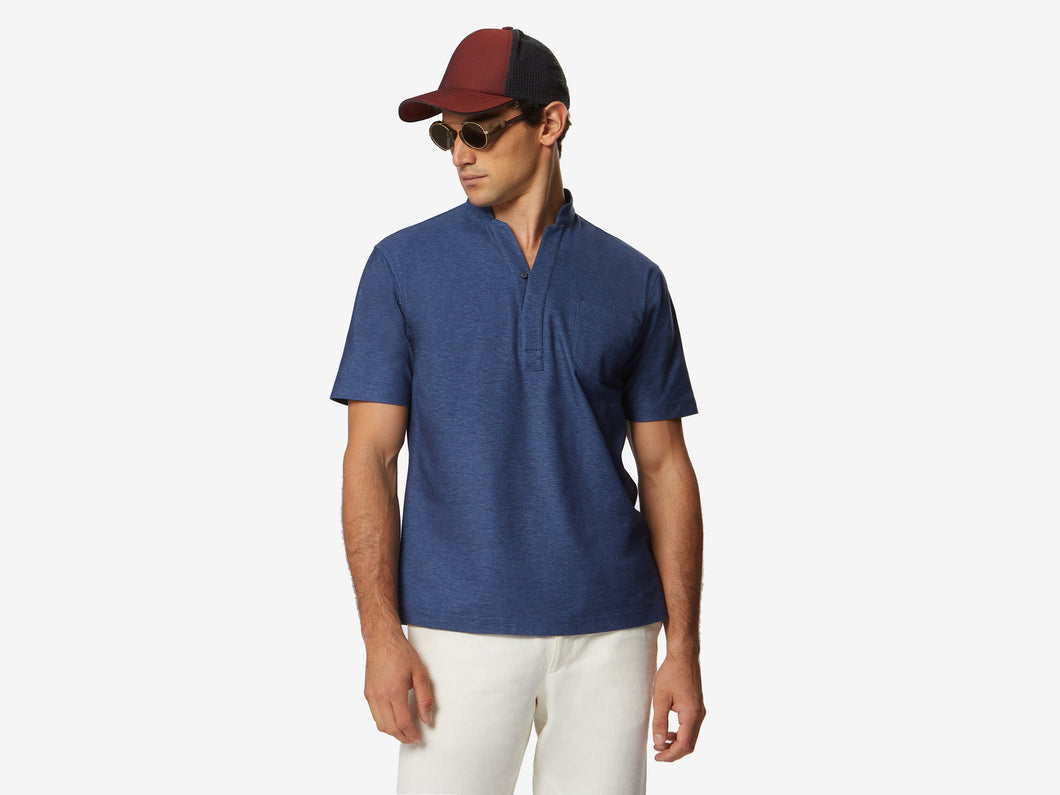 Fish Tail Short Cotton Piqué Short Sleeve Henley Shirt - Mid Blue