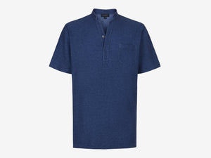 Fish Tail Short Cotton Piqué Short Sleeve Henley Shirt - Mid Blue