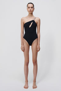 Saint Diamante One Shoulder Cut Out Swimsuit - Black