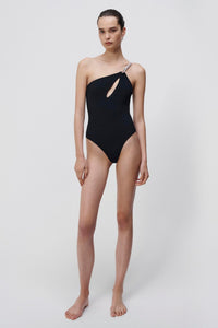 Saint Diamante One Shoulder Cut Out Swimsuit - Black