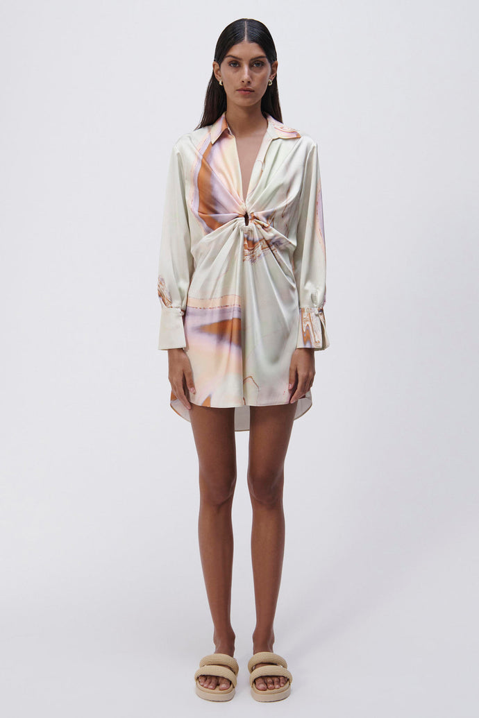 Roma Marble Printed Satin Draped Front Mini Dress - Seafoam Marble Print