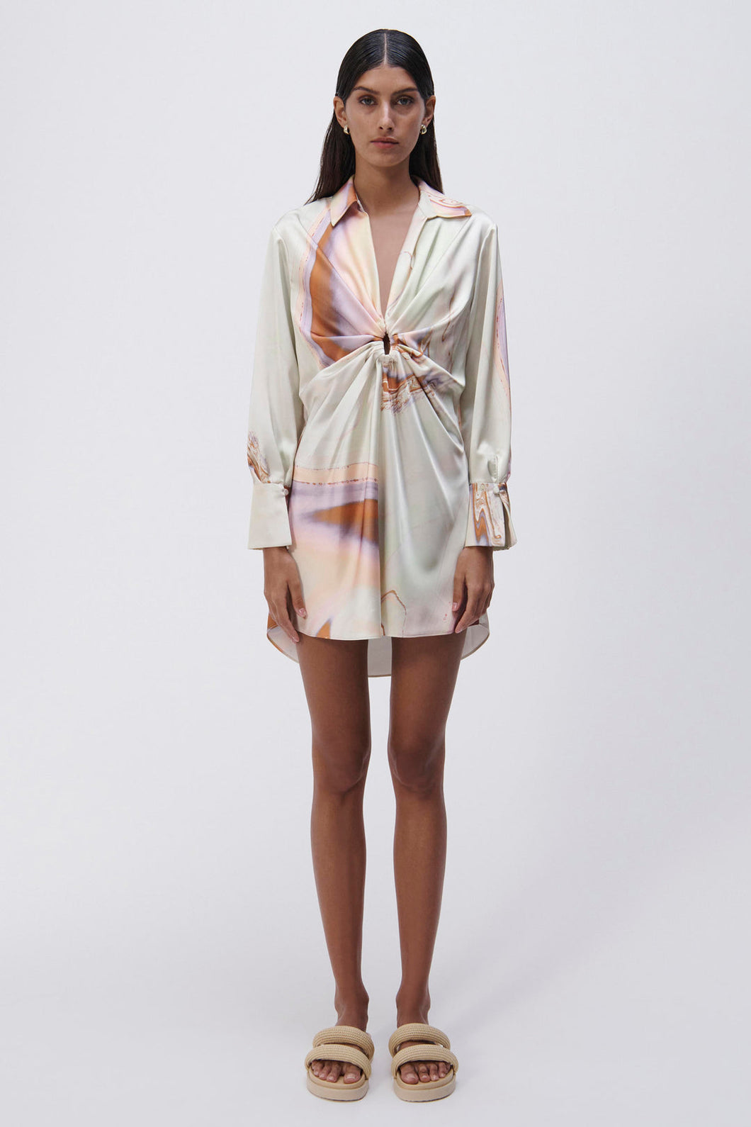 Roma Marble Printed Satin Draped Front Mini Dress - Seafoam Marble Print