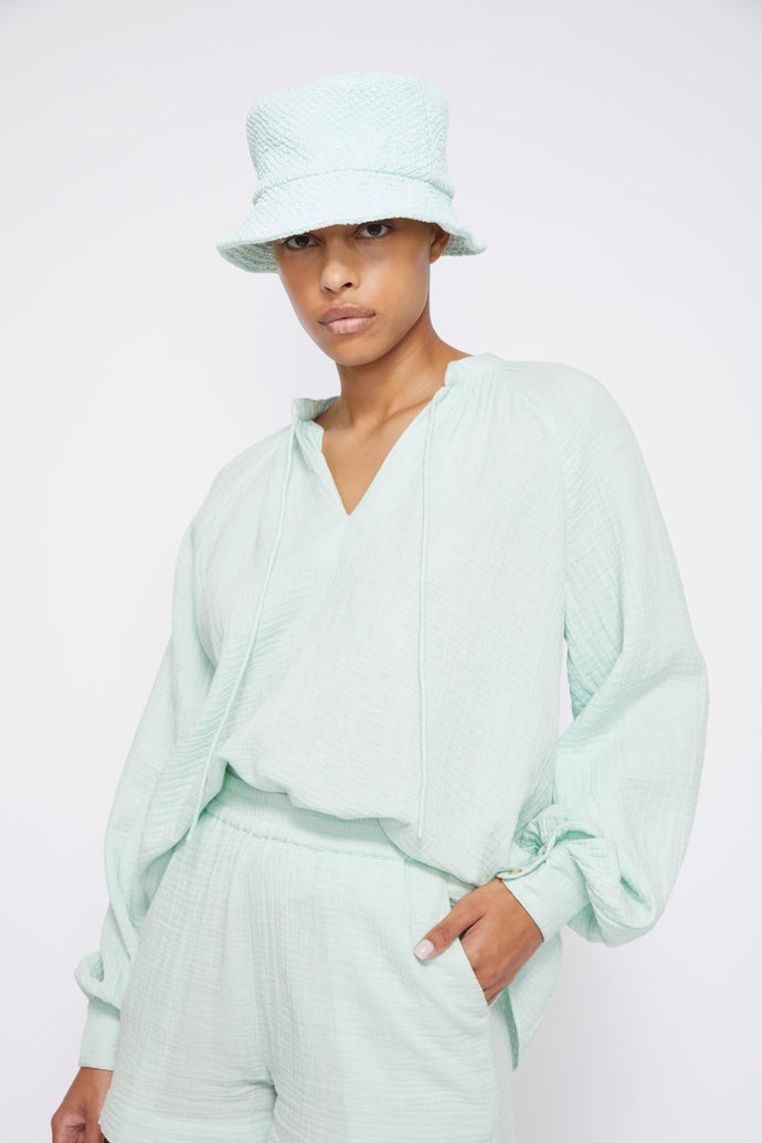 Anneka Organic Cotton Gauze Relaxed Tie Front Blouse - Seafoam