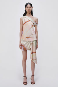 Mae Marble Printed Satin Draped Mini Skirt - Seafoam Marble Print