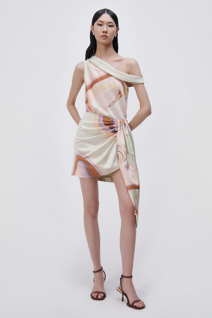 Mae Marble Printed Satin Draped Mini Skirt - Seafoam Marble Print