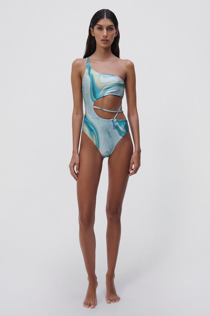 Stormi Marble Printed Swimwear Strappy One Piece - Laguna Marble