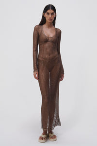 Lorenzo Crystal Mesh Cover-Ups Long-Sleeved Dress - Caraway